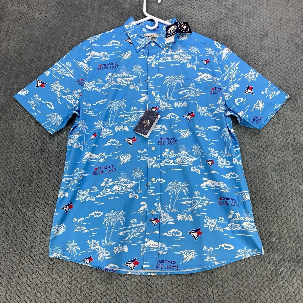 Reyn Spooner Toronto Blue Jays Hawaiian Shirt Men's Large Nylon Stretch AOP NWT
